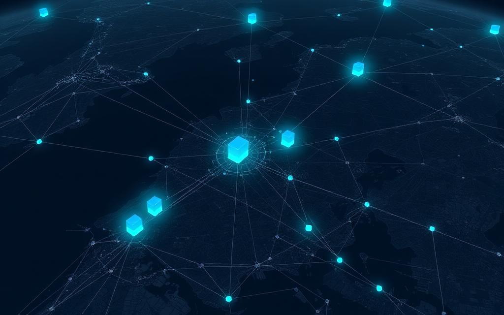 Neural network nodes connected across a dark satellite view of the Earth