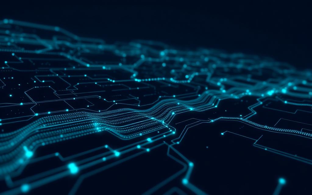 Abstract cyan data pipelines flowing across a dark circuit-like terrain