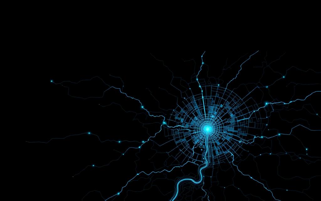 Glowing cyan city street network radiating from a bright core on a dark background