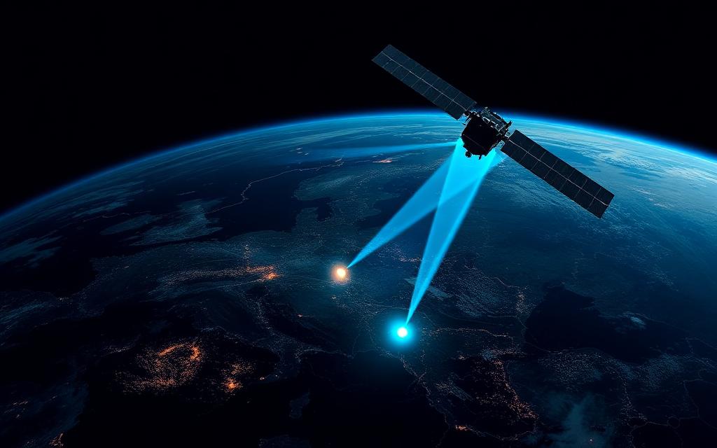 Satellite in orbit scanning the Earth with cyan sensor beams